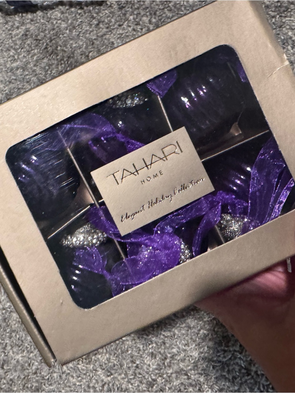 NWT TAHARI Purple and Silver Shatterproof Holiday Ornament Set